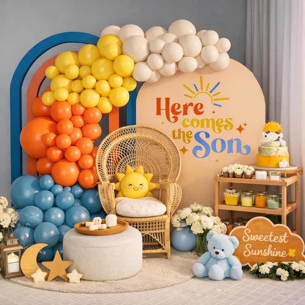 Here Comes the Son Balloon Arch Garland Kit 149pcs for Retro Sun Baby Shower First Trip Around the Sun Sunshine Theme Birthday Kids Groovy Boho Party Backdrop Decoration (Slate Blue)
