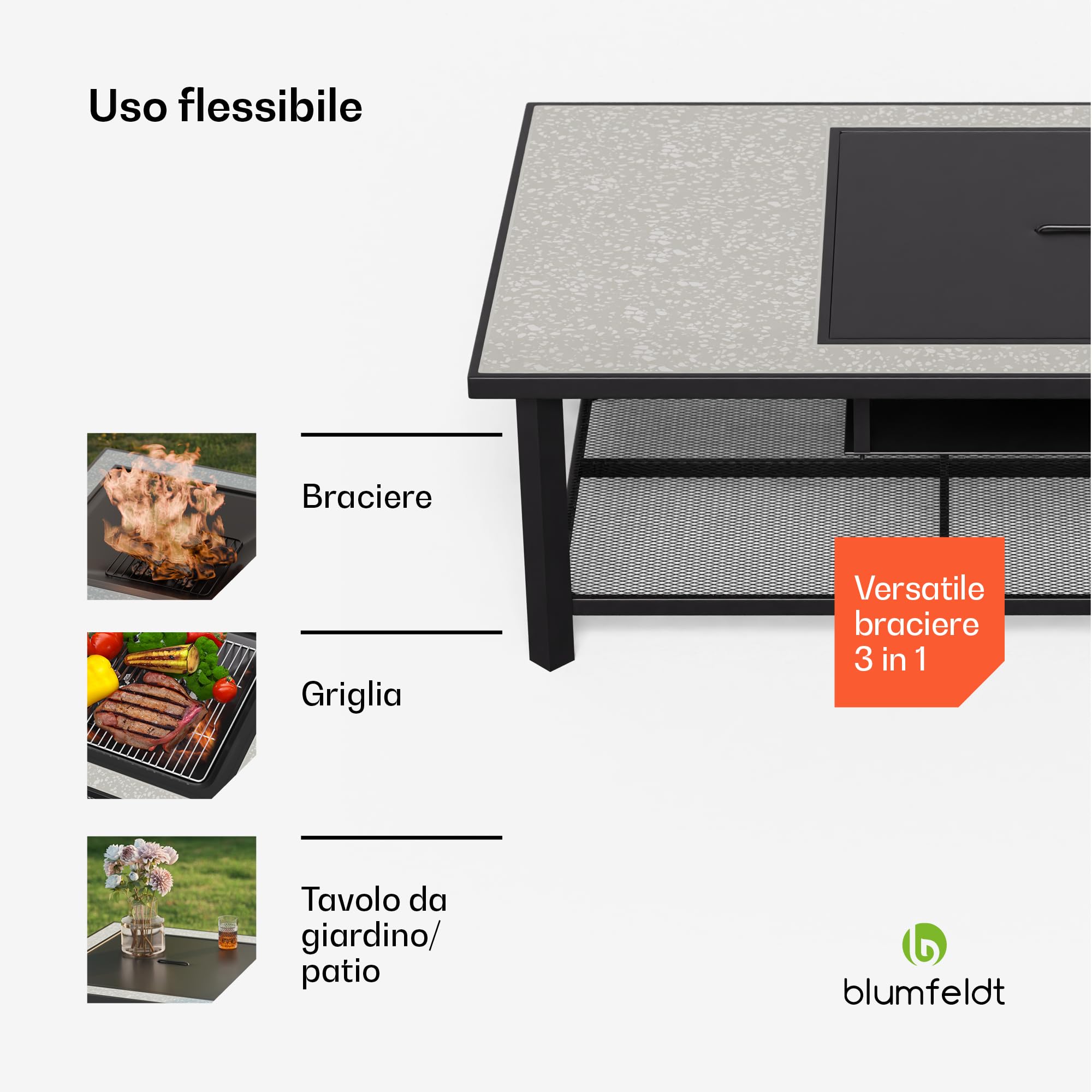 blumfeldt Merano Avanzato L Braciere da Giardino - 3-in-1 Braciere Barbecue & Tavolo, Telaio in Acciaio, Piano in Terrazzo, Include Griglia, Attizzatoio, Parascintille & Coperchio, Nero