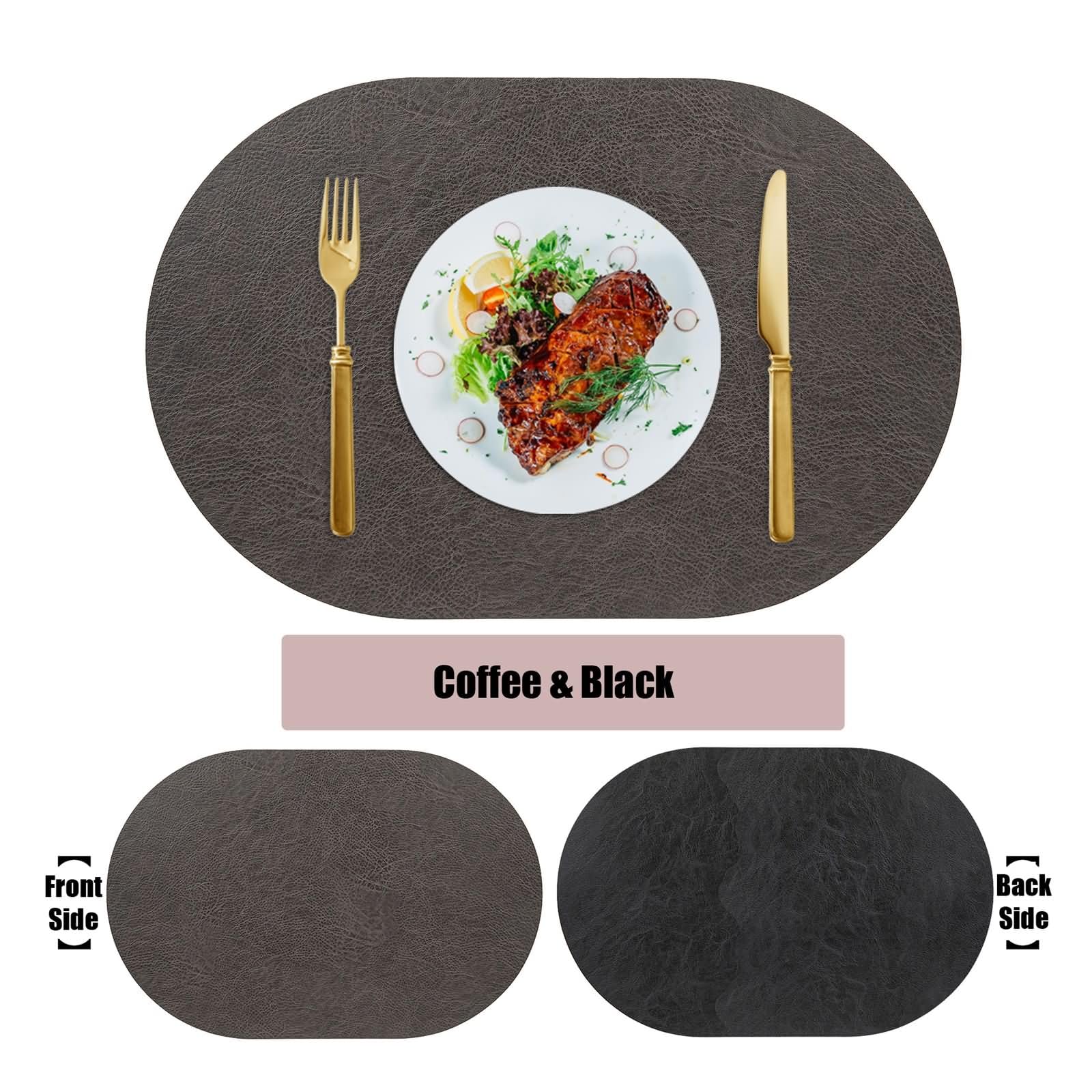 Mantel Individual 6 Unidades, 30 x 45 CM Café Negro Cuero PVC Mantel Individual para Mesa de Comedor, Color Sólido con Oval