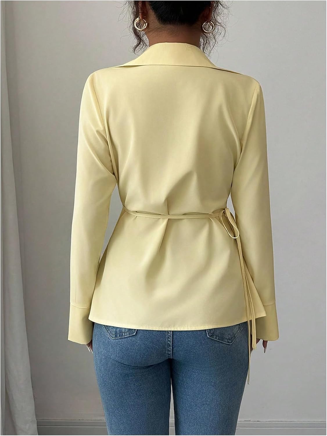 GORGLITTER Women's Wrap Formal Blouses Dressy Long Sleeve Collared Work Shirts Business Casual Outfits Yellow Medium - Image 2