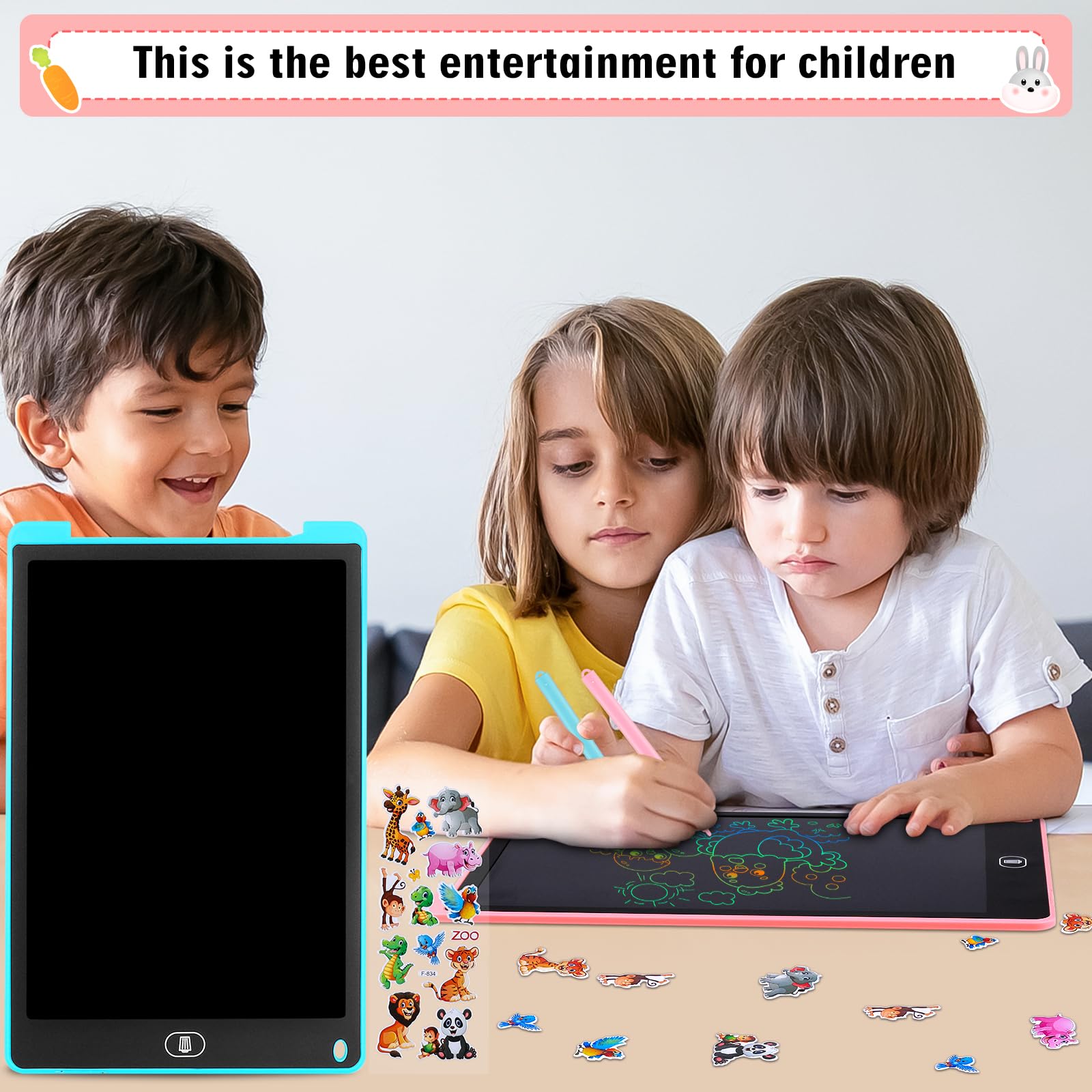 Tablette D'écriture LCD 12 Pouces 2 Pack, Tablette Dessin Écran Coloré, Bloc Effaçable avec Autocollants Animaux, Bleu + Rose