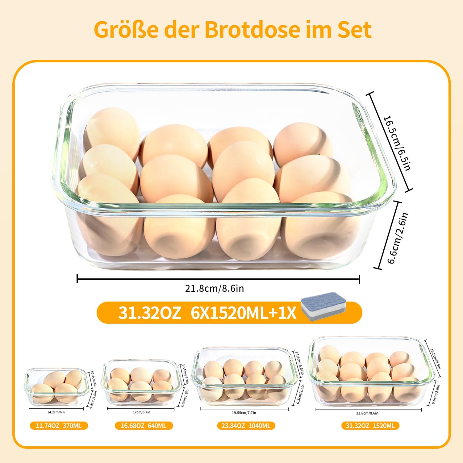 LNWSN Frischhaltedosen Glas mit Deckel 6er, 1520ml Hochtransparente Borosilikatglas Meal Prep Boxen Glas, Hohes Volumen Versiegelter Glasbehälter mit Deckel, Food Container für Profiköche und Bäcker
