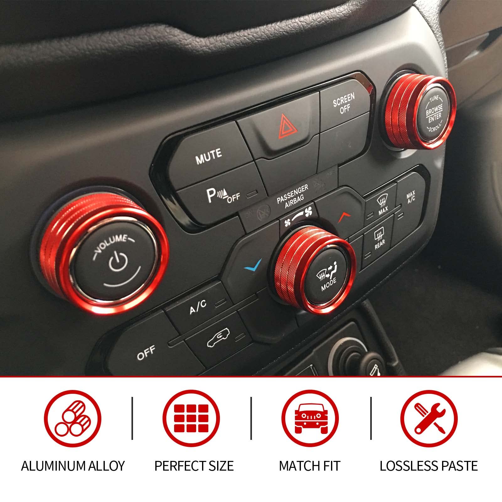 Jeep Renegade AC Radio Knob Cover - Red Aluminum Alloy Trim Ring For 2018-2023 Models, No Drill Installation - View #11