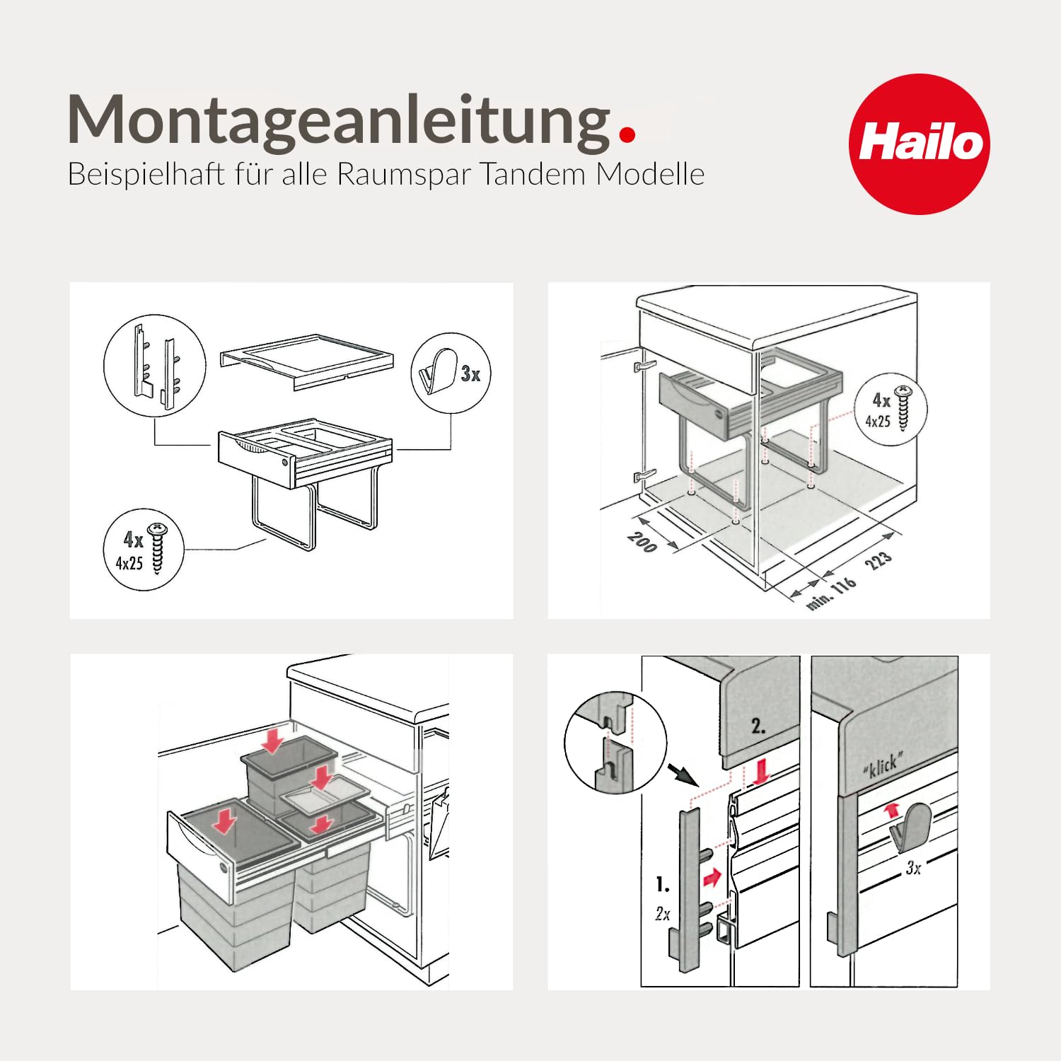 Hailo Abfallsammler 3643141 | 4x 8,5 Liter | Einbau Mülleimer für 40 cm Unterschrank | Mülltrennsystem mit Vollauszug | Raumspar-Tandem | Mülleimersystem Küche | Ein Biomüll Deckel inkl.