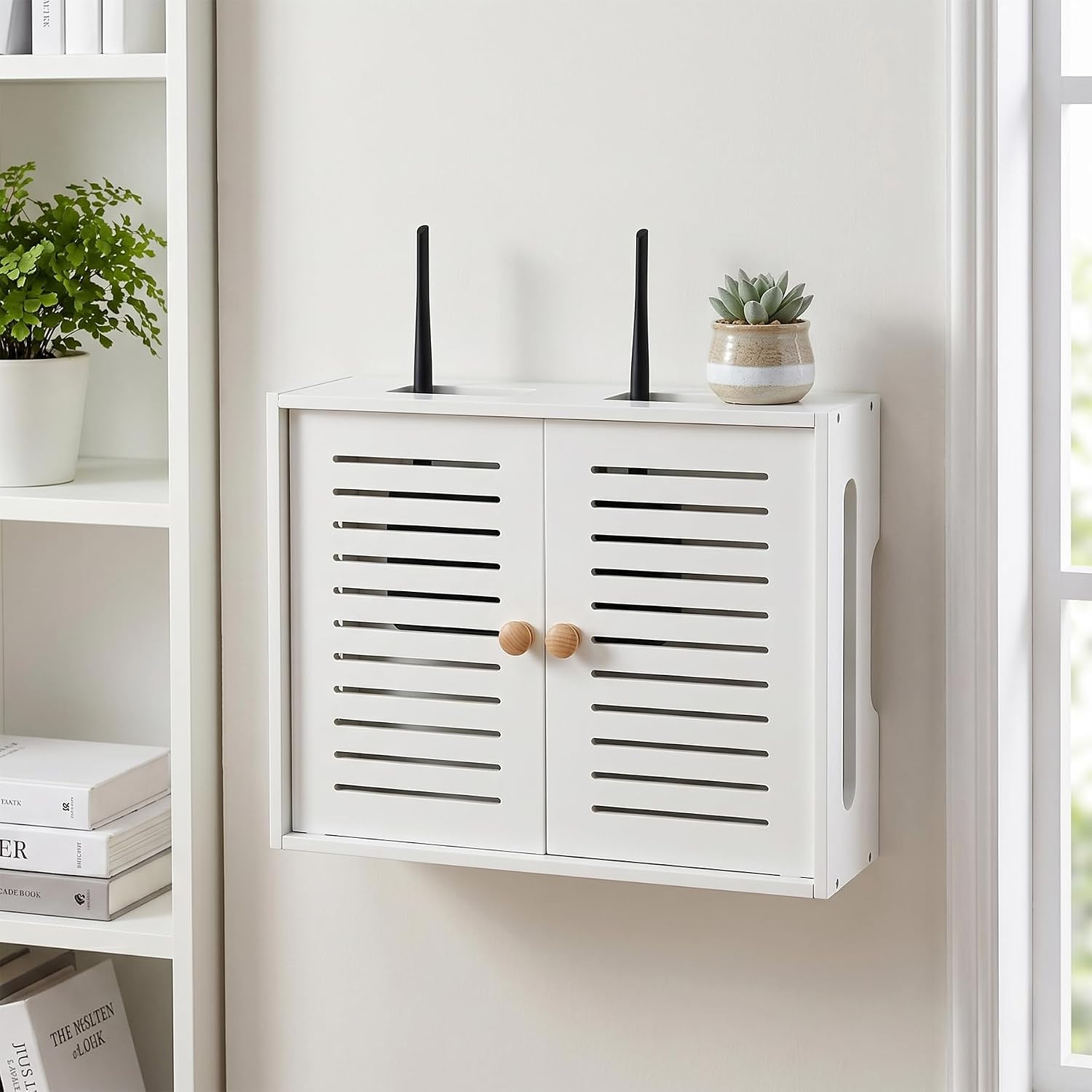 Wooden WiFi Router Storage Box, Wall-Mounted Decorative Router Hider, Double-Door Hider Shelf for Cable, Modem, Internet (White)