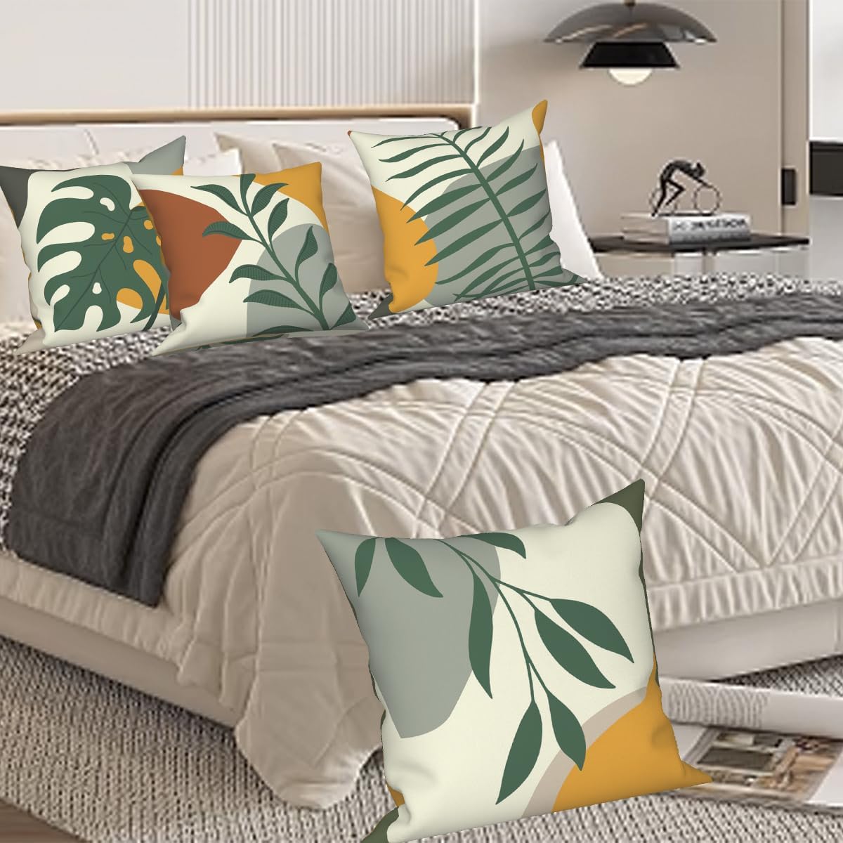 4 Pcs/Set Tropical Leaves Throw Pillow Covers Green Sage Palm Leaf Boho Plants Mid Century Modern Abstract Geometric Outdoor Pillow Covers for Sofa Couch Farmhouse Decor, 18"x18"