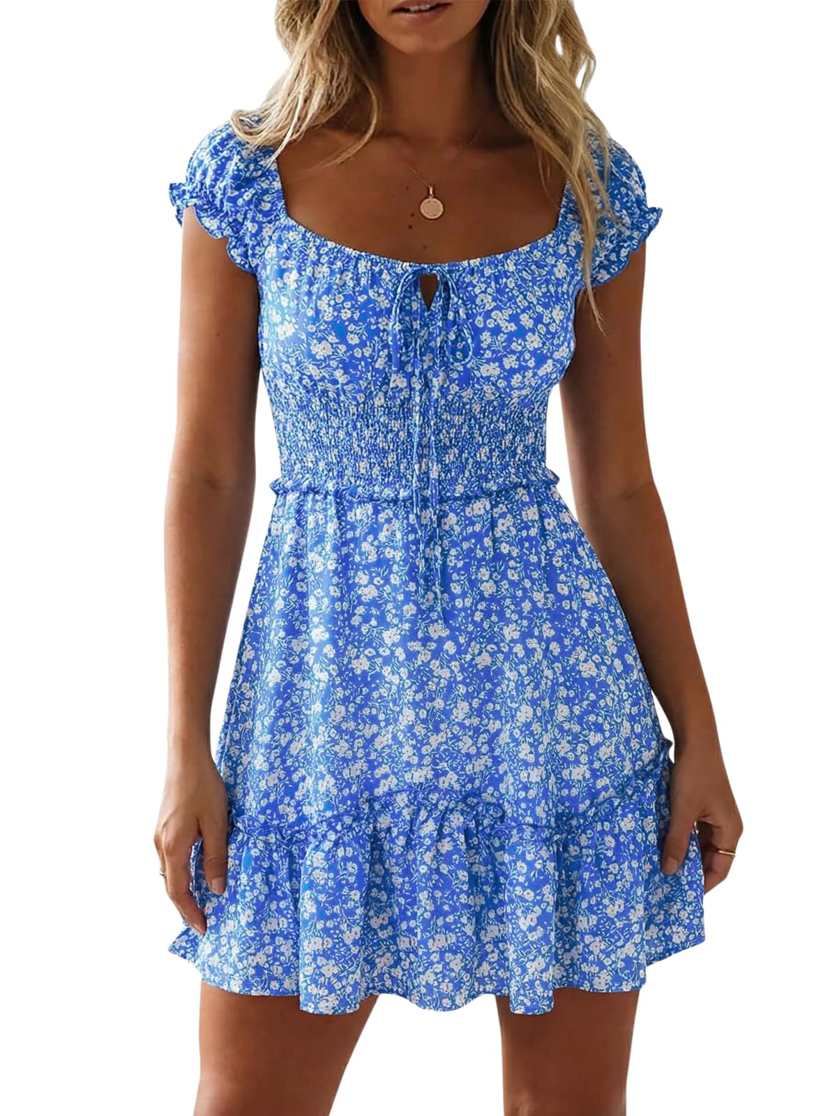 Womens Summer Floral Sundress Ruffle Sleeve Sweetheart Short Mini Dresses | Sun Dress, Sexy, Flowy, Print, Smocked Waist, Western Boho, Beach, Date Night, Country Concert