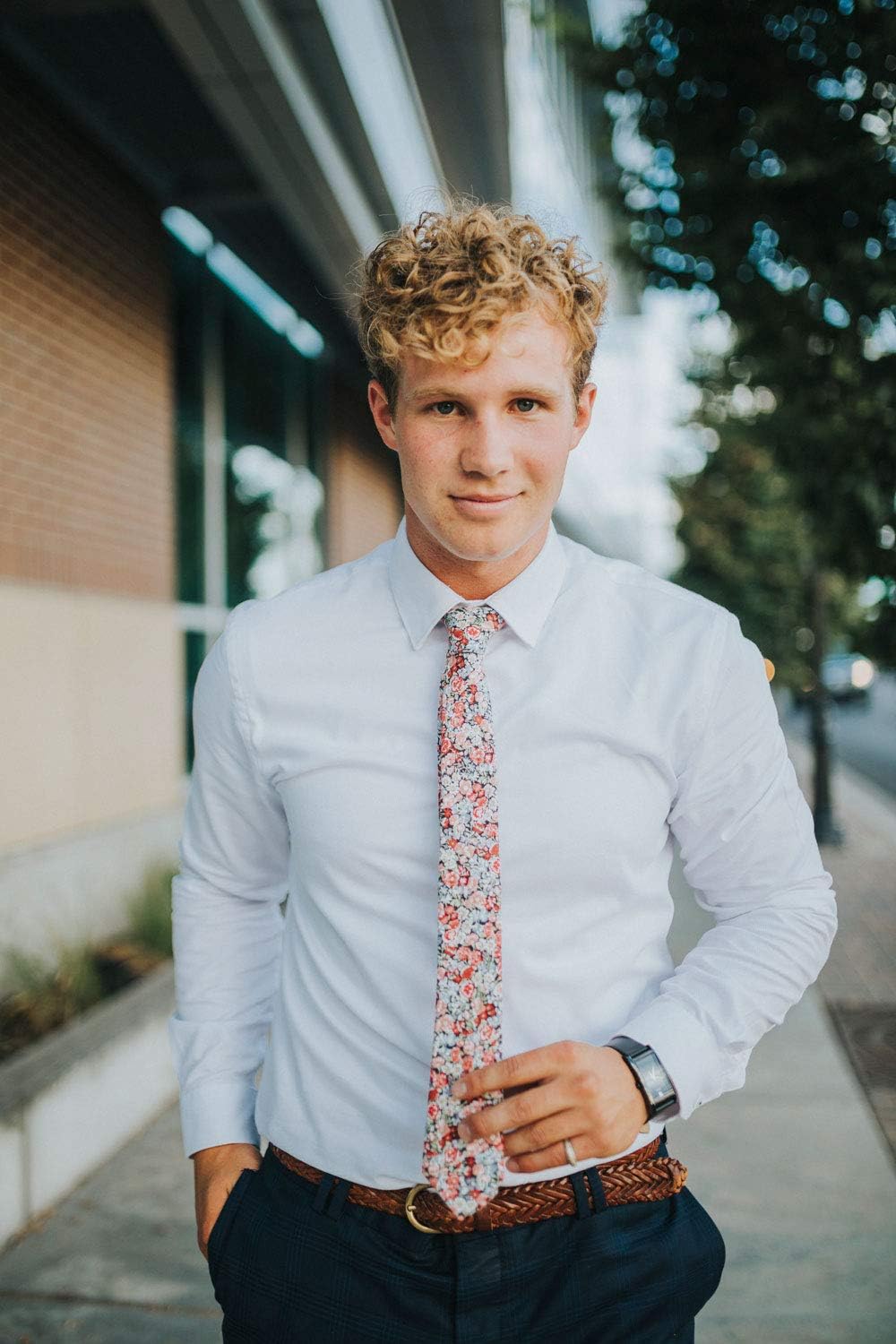 DAZI Men's Skinny Tie Floral Print Cotton Necktie, Great for Weddings, Groom, Groomsmen, Missions, Dances, Gifts.