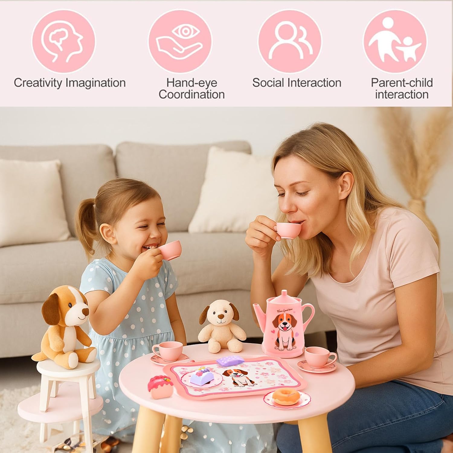 Lajeje Dog Toys for Kids – Plastic Tea Party Set for Toddlers & Little Girls Ages 3-8, Puppy-Themed Pretend Play Kitchen Toy with Teapot, Cups, Saucers, Desserts & Tray | Birthday Gift Idea