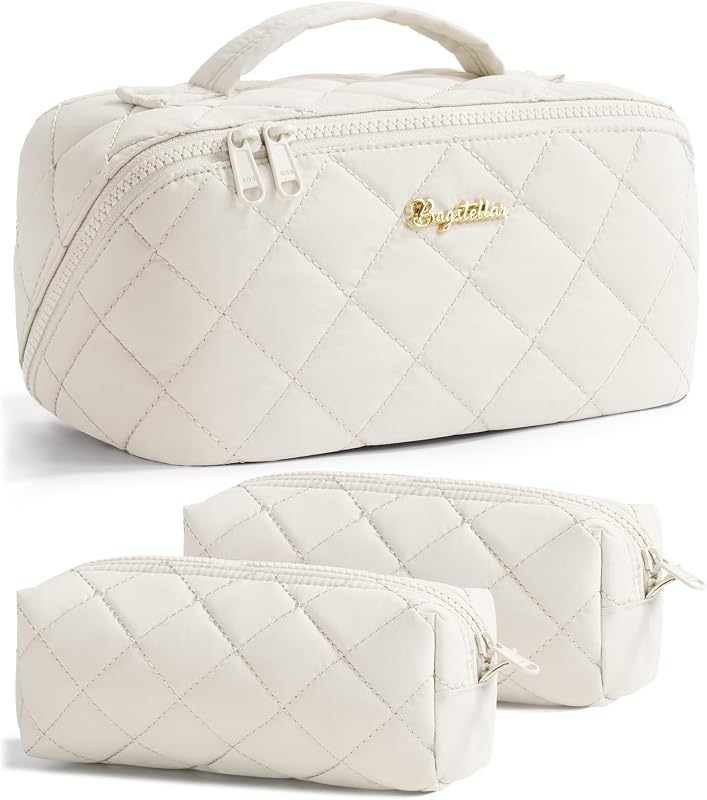 Necessaire de maquiagem Bagstellar com 3 peças, acolchoada, abertura ampla e divisórias, Off-White, PHZS01