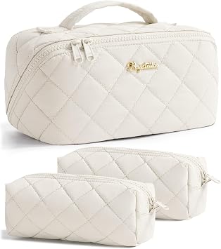 Travel Makeup Bag, Large Capacity Puffy Toiletry & Cosmetic Bag for Women | 3 PCS Open Flat Quilted Makeup Cosmetic Organizer, Waterproof w/Clear Divider Portable Pouch for Skincare Travel Essentials
