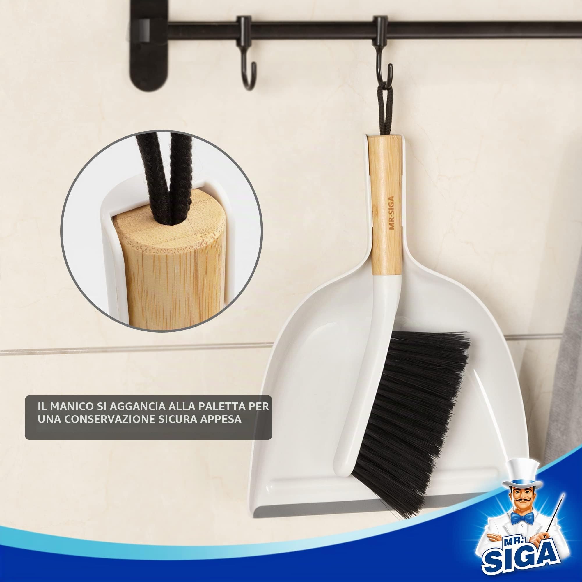 MR.SIGA Set di paletta e spazzola, combinazione di spazzola per la pulizia portatile e paletta con manico in bambù, 1 set
