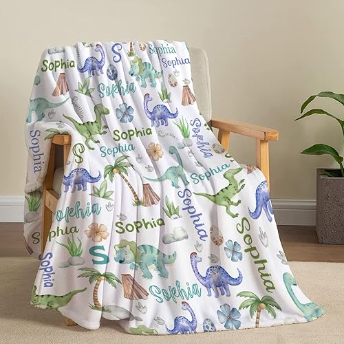 Miniatura 3 de Manta personalizada con nombre de dinosaurio, manta de franela súper suave y ligera para niños, adultos, adecuada para sofá, cama, campamento,