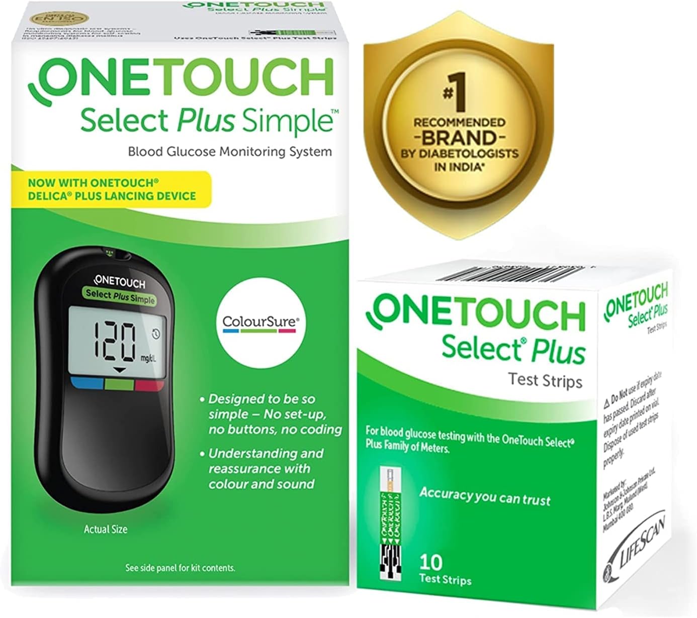 ONETOUCH OneTouch Select Plus Simple Glucometer for Simple,Accurate & Virtually Painfree Blood Sugar Testing (Free 10 Strips +Lancing Device+10 lancets) green