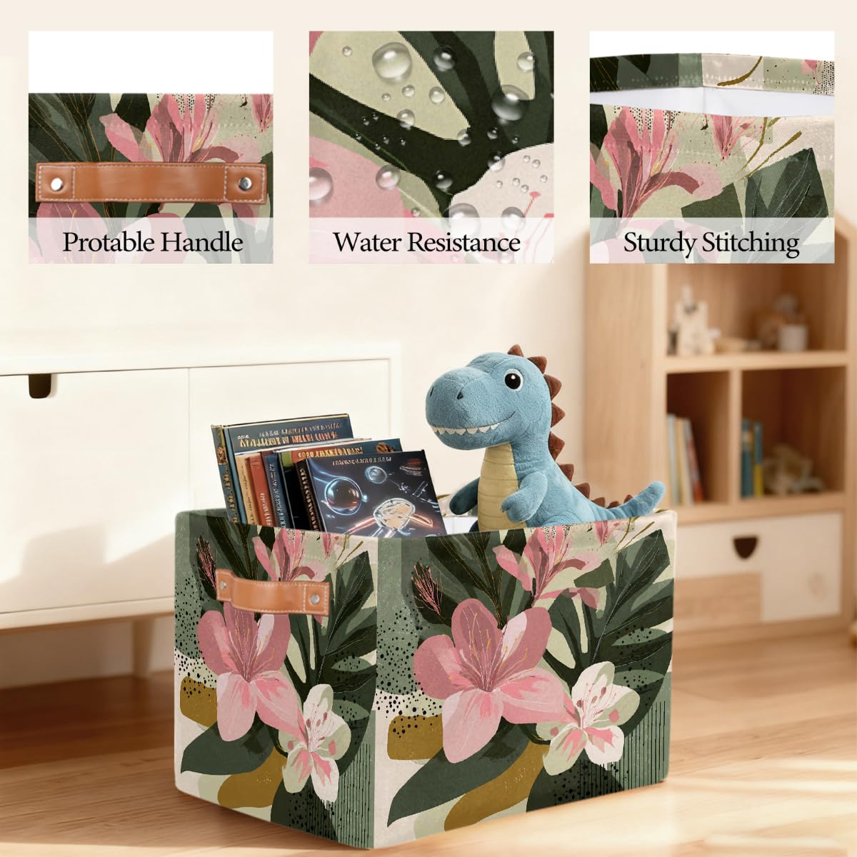 Abstrakte Kunst, rechteckiger Aufbewahrungskorb mit Ledergriffen, Hibiskuspalmenblätter, 2 Stück, faltbarer Stoff-Aufbewahrungskorb für Schrank, Badezimmer, Wohnzimmer, Büro, Spielzeug