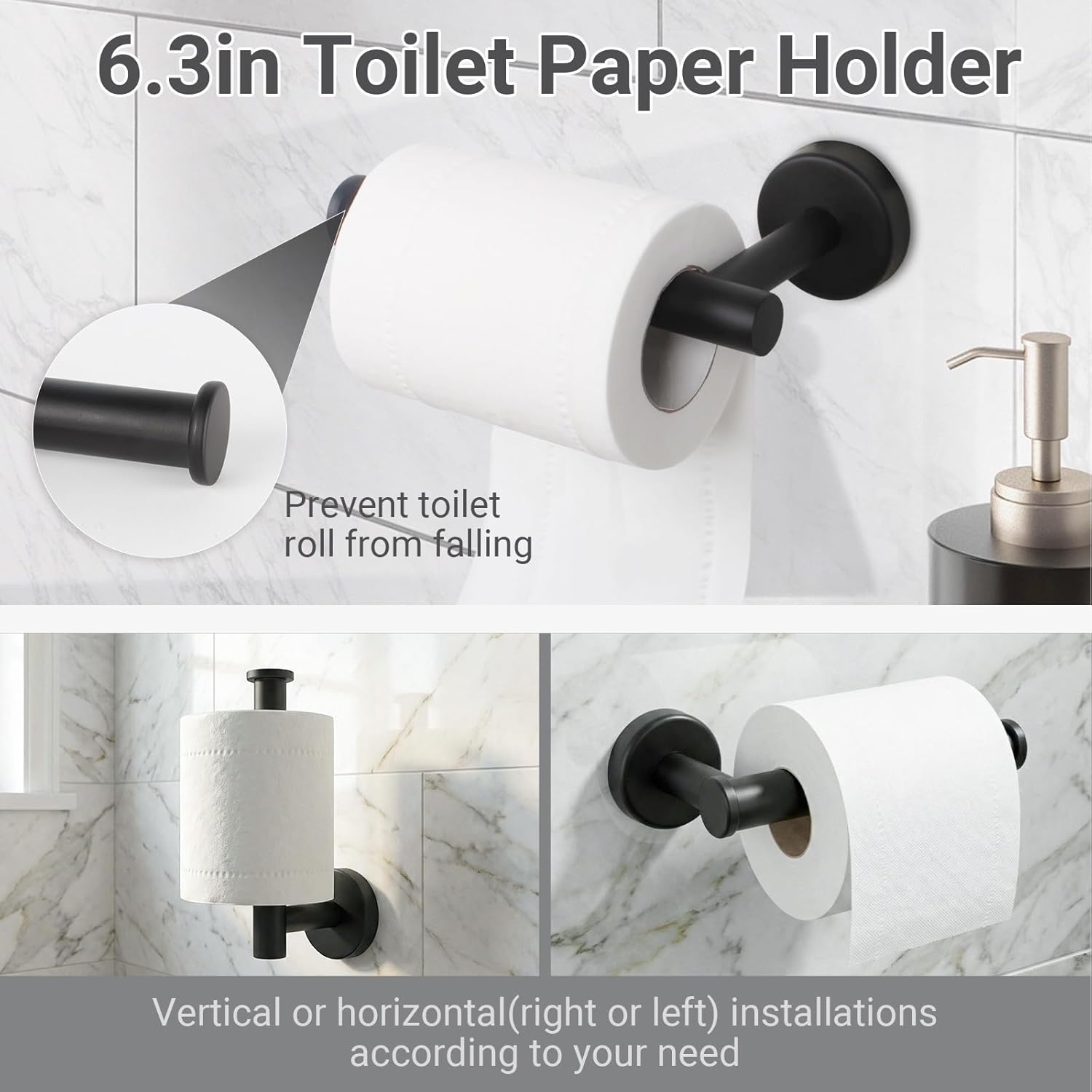 24 Inch Usable Towel Bar, 5-Piece Matte Black Bathroom Accessories, SUS304 Stainless Steel Towel Ring Holder, Toilet Paper Holder with 2 Hooks, Wall Mounted Modern Bathroom Hardware Set