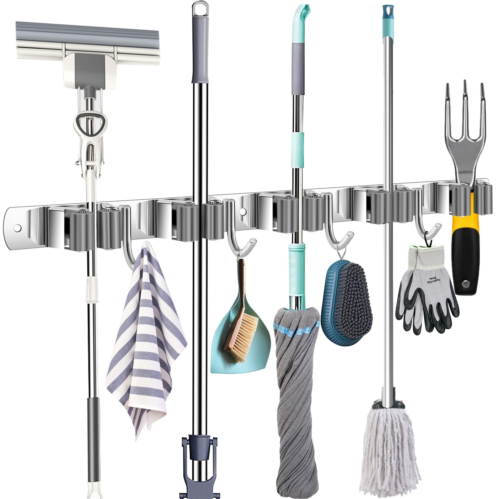 Mop and Broom Holder Wall Mount Heavy Duty, Sturdy Stainless Steel Broom Cleaning Supplies Organizer, Metal Mop Broom Hanger Rack Wall Mounted 5 Racks 4 Hooks