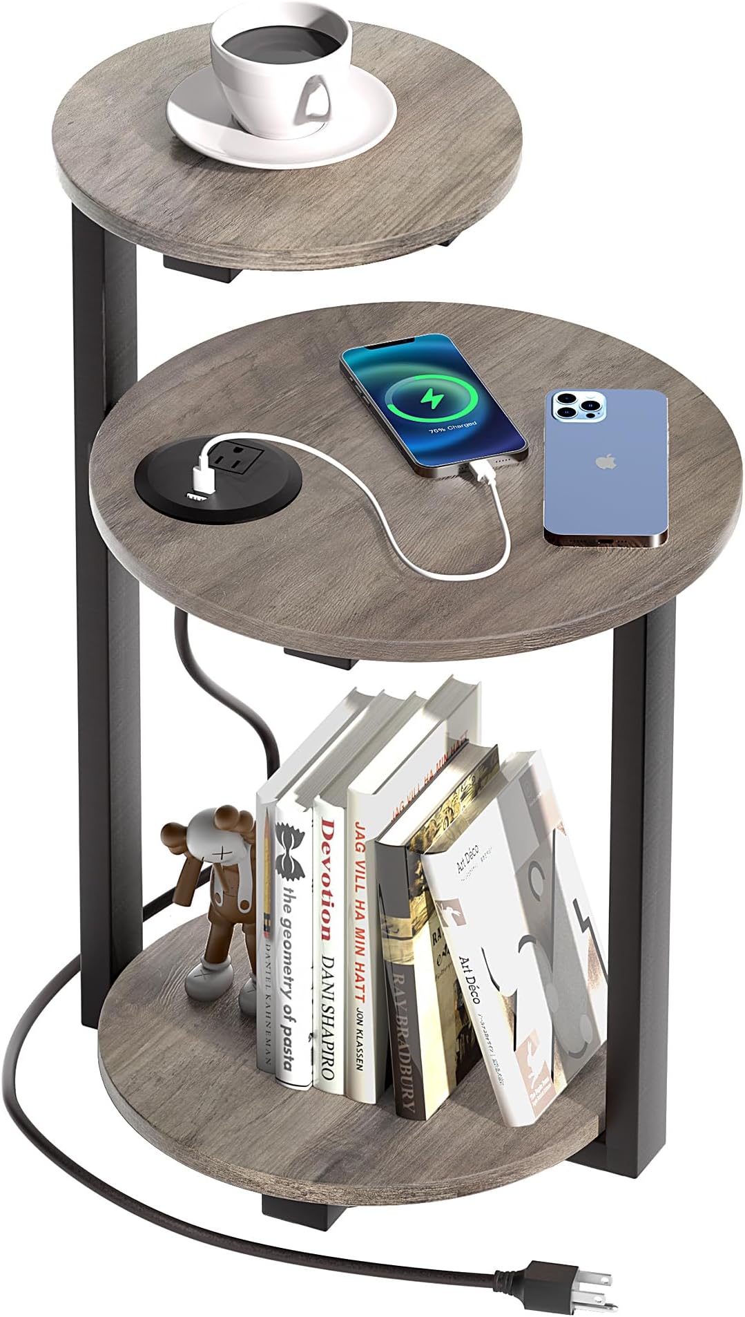 Round End Table with Charging Station, Side Table with USB Ports and Outlets, Nightstand Bedside Table with 3-Tier Shelves, Small Accent Table for Living Room Bedroom, Greige PH01BHZ
