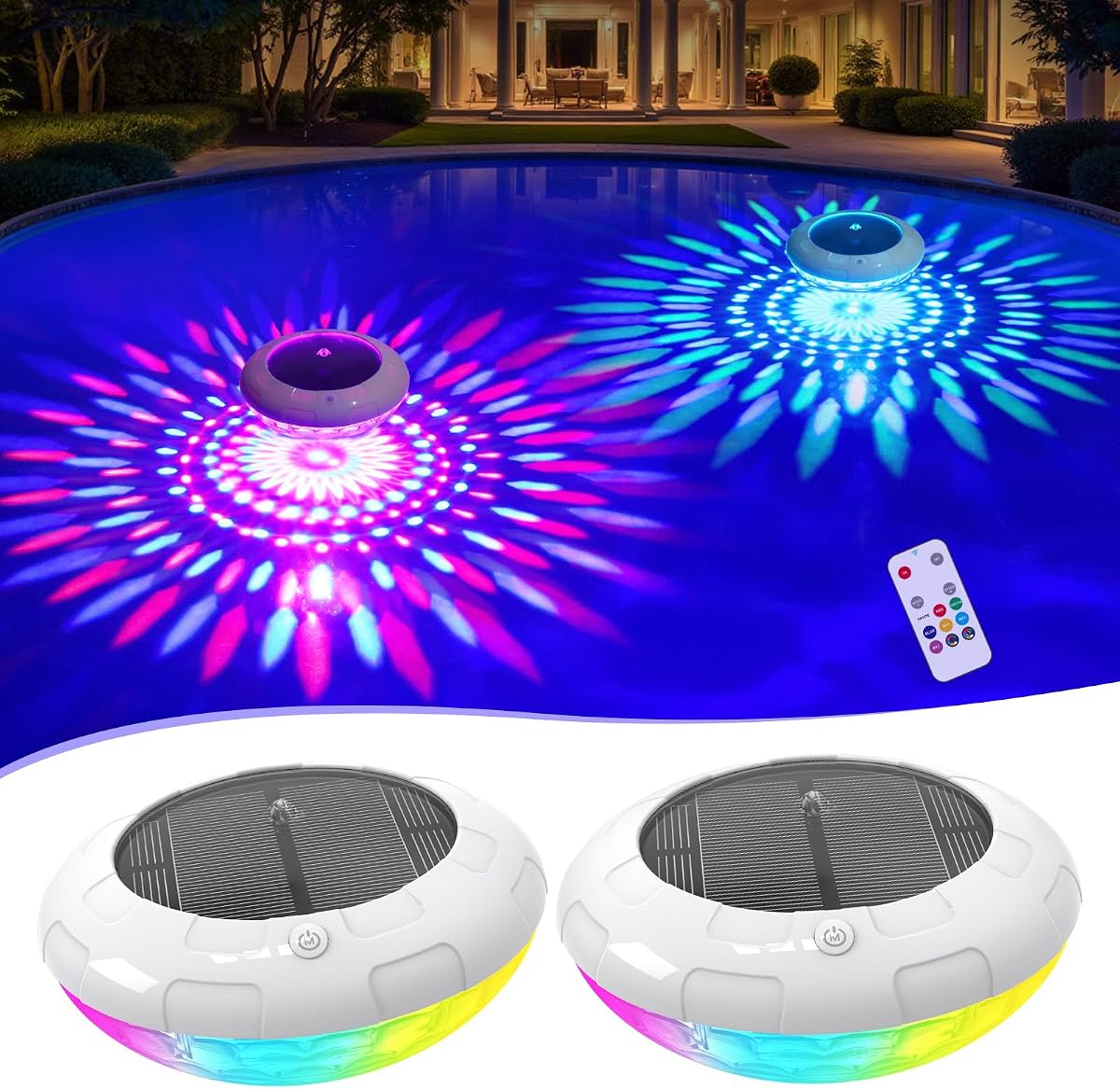 Floating Pool Lights with Remote, 6.5 Inch RGB Solar Pool Lights with 9 Dynamic Lighting, IP68 Waterproof, Hangable Solar Floating Light for Pools Party Garden (2 Pack)