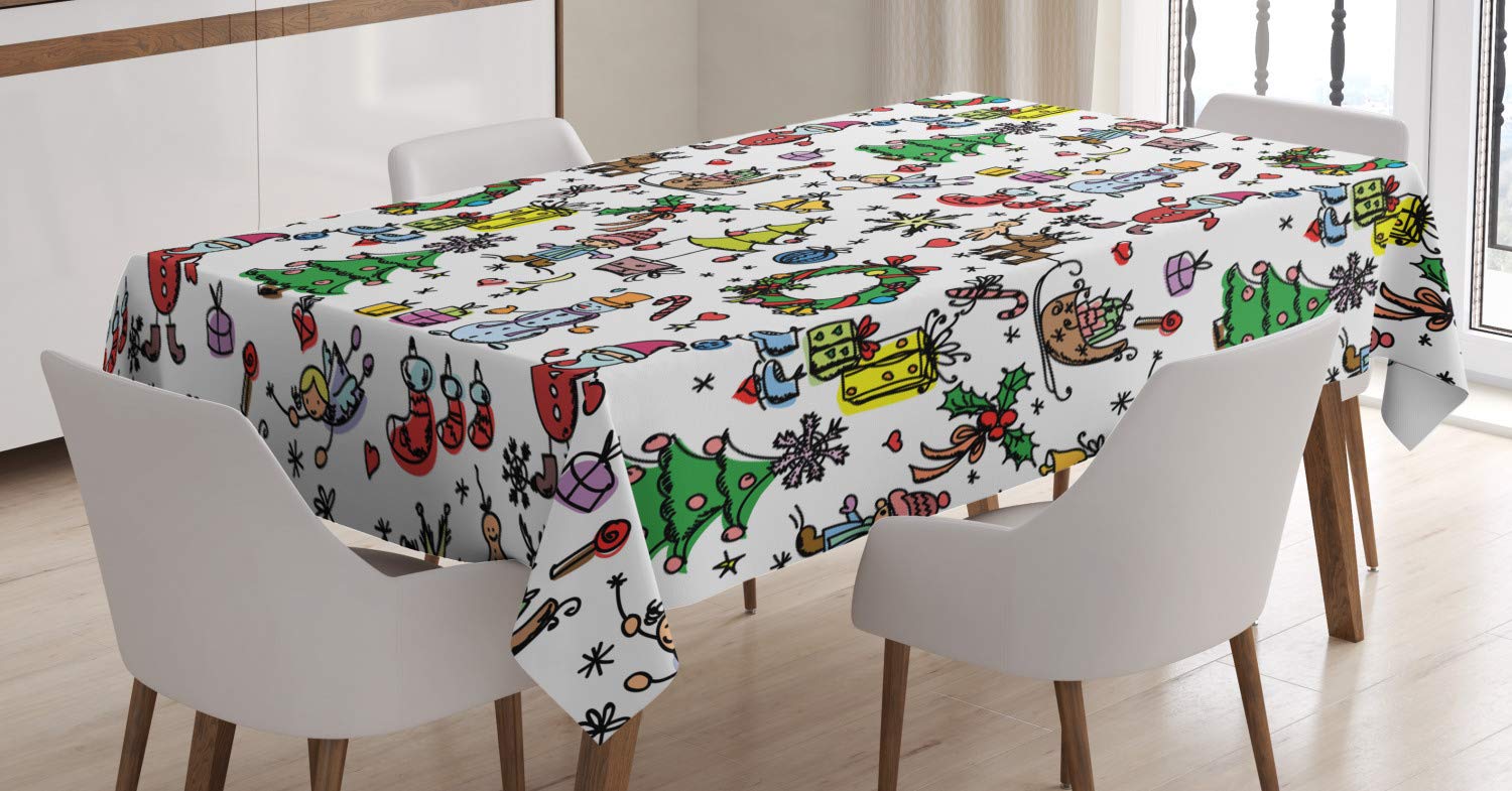 Amazon｜Doodle Tablecloth by Ambesonne、クリスマスサンタ雪だるま