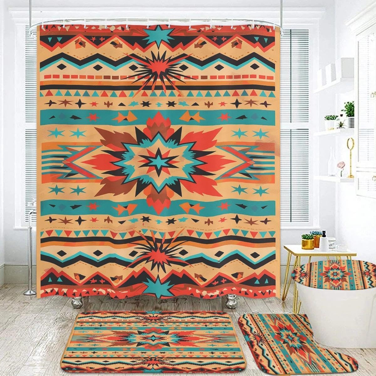 Navajo Southwestern Bathroom Set, 4-Piece with Shower Curtain 71x71, Bath Mat, Contour Rug, Toilet Lid Cover,Tribal Aztec Pattern