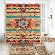 Navajo Southwestern Bathroom Set, 4-Piece with Shower Curtain 71x71, Bath Mat, Contour Rug, Toilet Lid Cover,Tribal Aztec Pattern