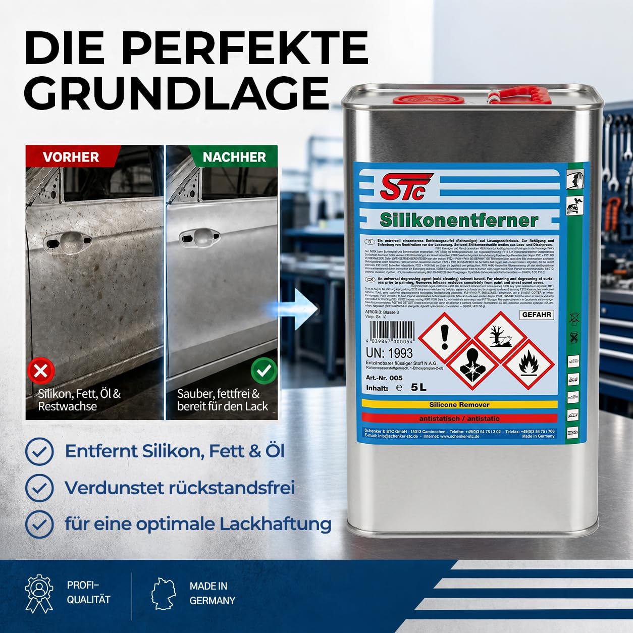 STC Silikonentferner 5L – antistatischer Silikonreiniger & Entfetter – professioneller Oberflächenreiniger für Autolack, Metall und Kunststoff – schnelltrocknend & rückstandsfrei – Made in Germany