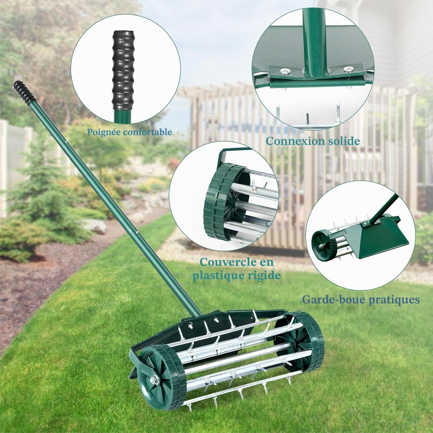FANTASK Rouleau aérateur de pelouse, avec Manche, scarificateur Manuel, Vert, avec Clous de 3 cm et Protection Anti-éclaboussures, 46 x 23 x 127 cm