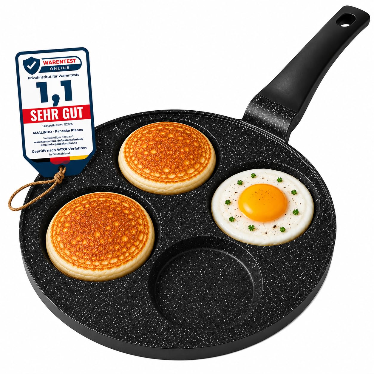 Amalindo Pancake Pfanne Ø 26 cm mit 4 Mulden – Spiegeleipfanne aus Aluguss mit Marmor-Antihaftbeschichtung, PFOA-frei, für Induktion, Ceran, Gas & Elektro – für Pfannkuchen, Eier, Poffertjes