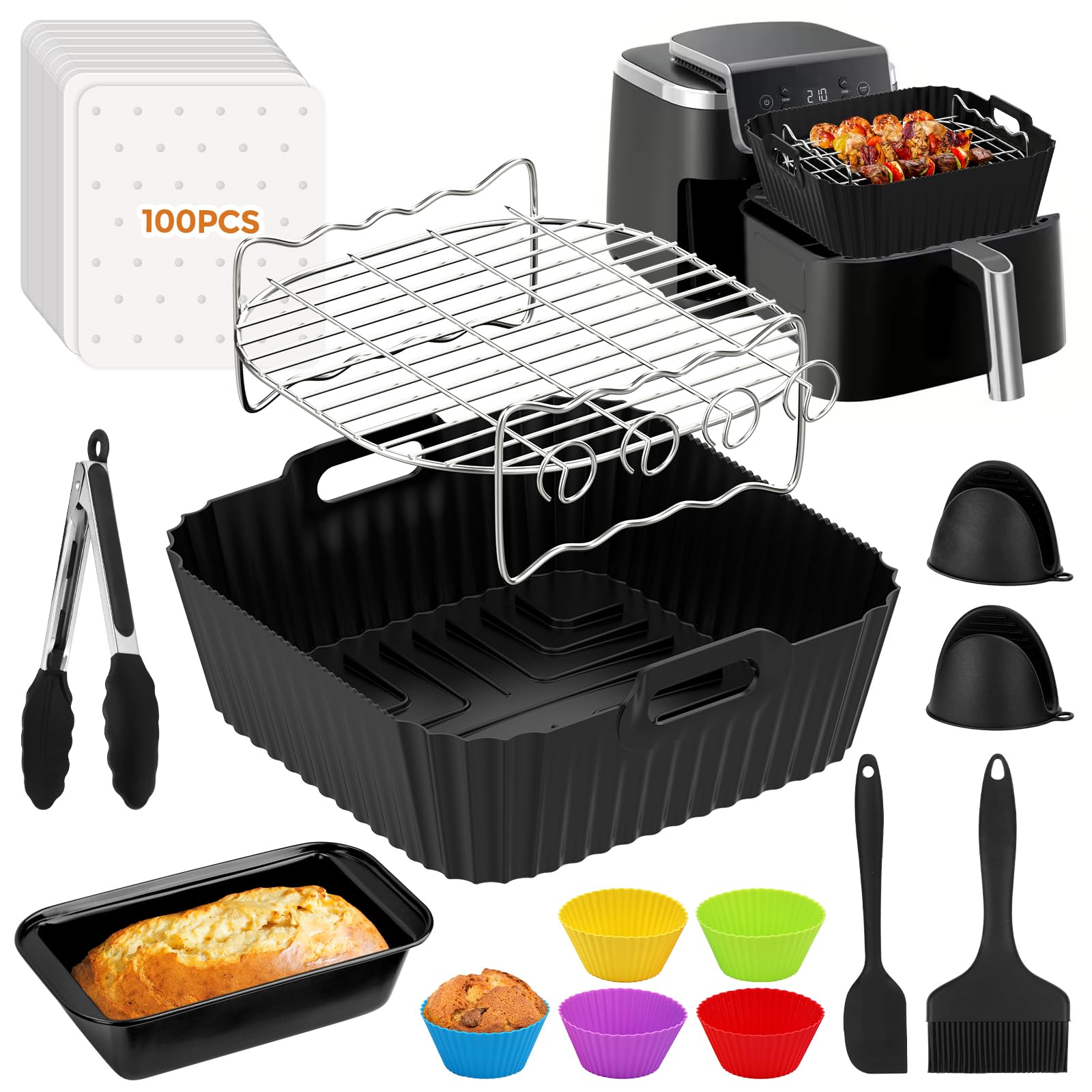 Set Di 8 Accessori In Silicone Per Friggitrice Ad Aria Ninja AF160EU 5,2L - Teglia, Griglia, Spiedini, Pennello E Pinze - 3