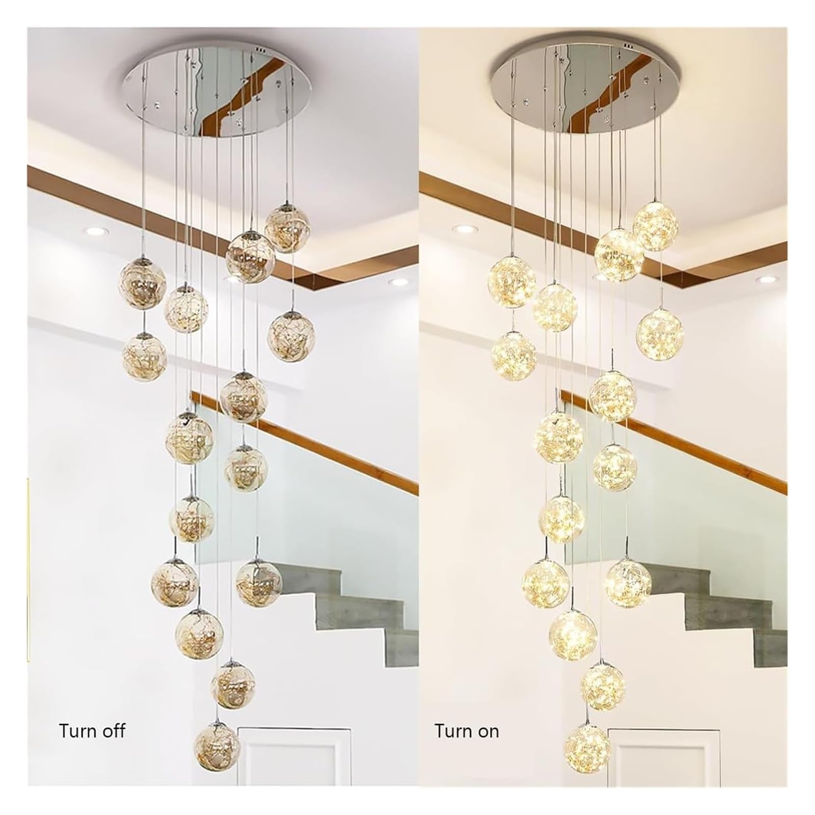 Villa żyrandol sufitowy, duży żyrandol, lampa wisząca LED na schody, idealna do wysokich sufitów, lustrzana podstawa ze stali nierdzewnej, ręcznie dmuchana szklana kula, wysokość