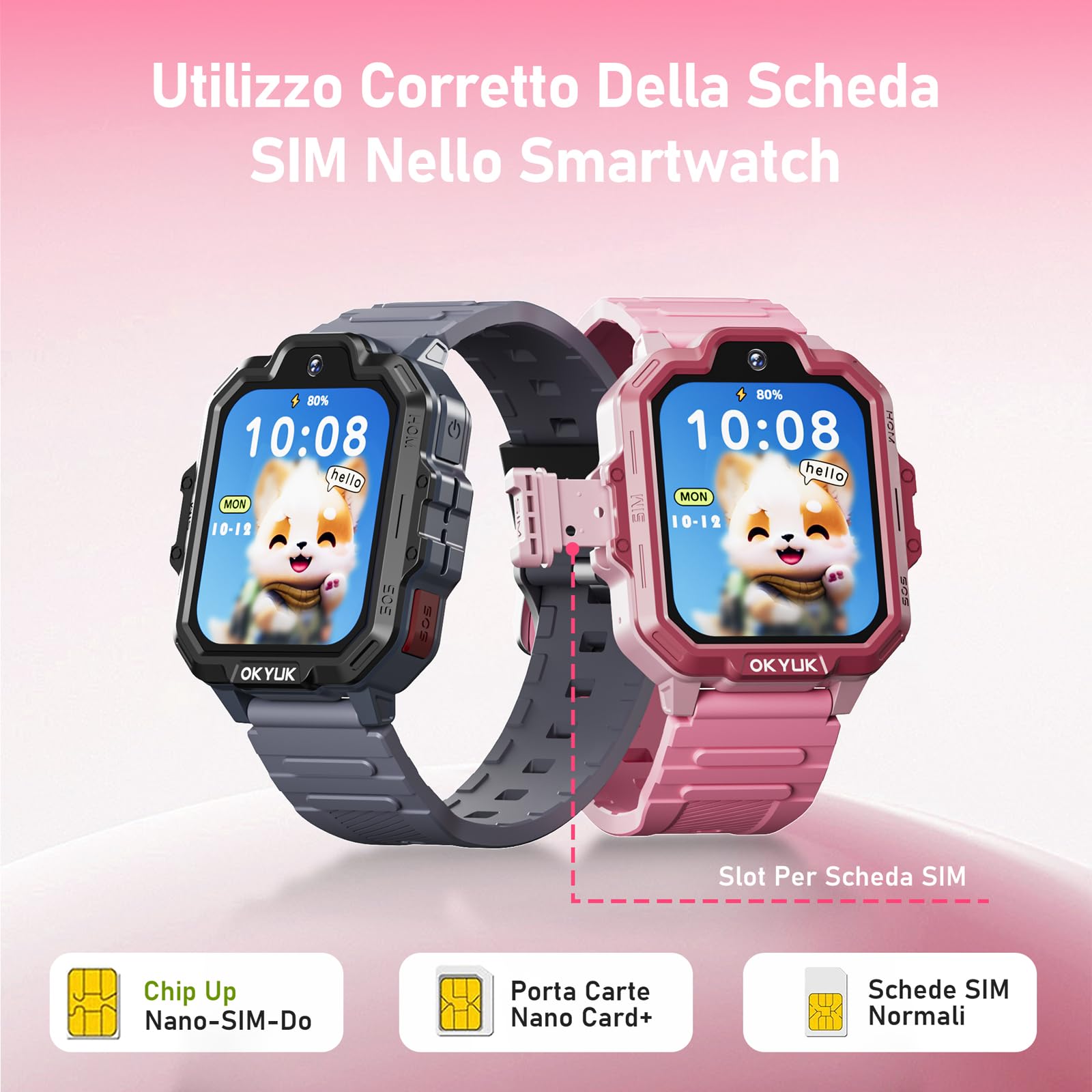 OKYUK T17 smartwatch bambini, 4G orologio bambino, GPS per bambini, SOS, chat vocale, SMS, modalità scuola, giochi e stazione di ricarica Panda, orologio per ragazze e ragazzi（Rosa）