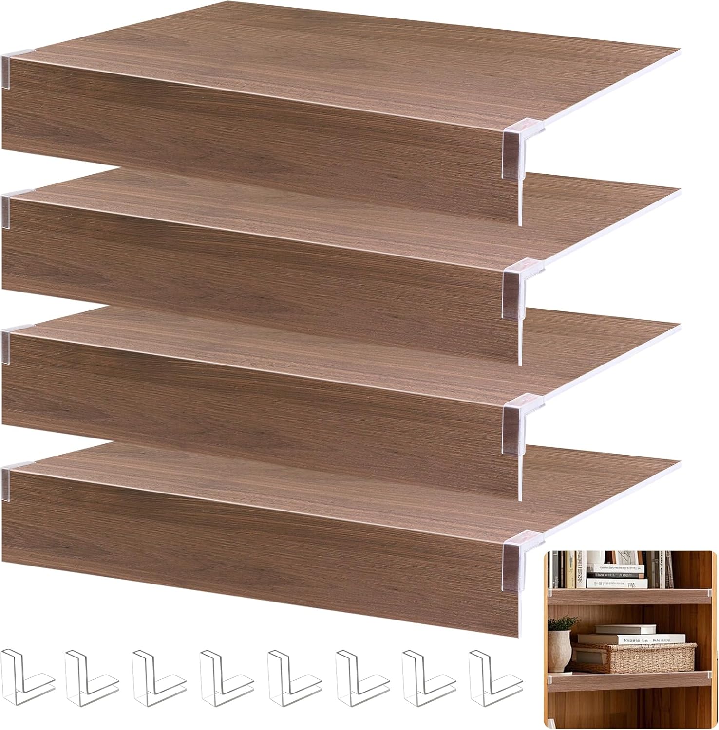 FONUNO Wire Rack Covers for Pantry Shelf Covers for Wire Shelving Liners Removable 4 Pack with Holders for Closet Pantry Kitchen Bathroom Office Store, 24 x 12 Inch, Walnut Brown Wood Color 24 Inch X 12 Inch Walnut Brown Wood
