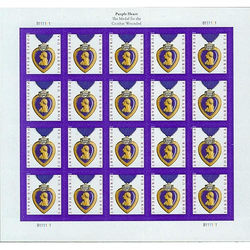 USPS Purple Heart and Ribbon with Frame, The Medal for The Combat Wounded (Sheet of 20) Postage Forever Stamps 2019 Scott #5419