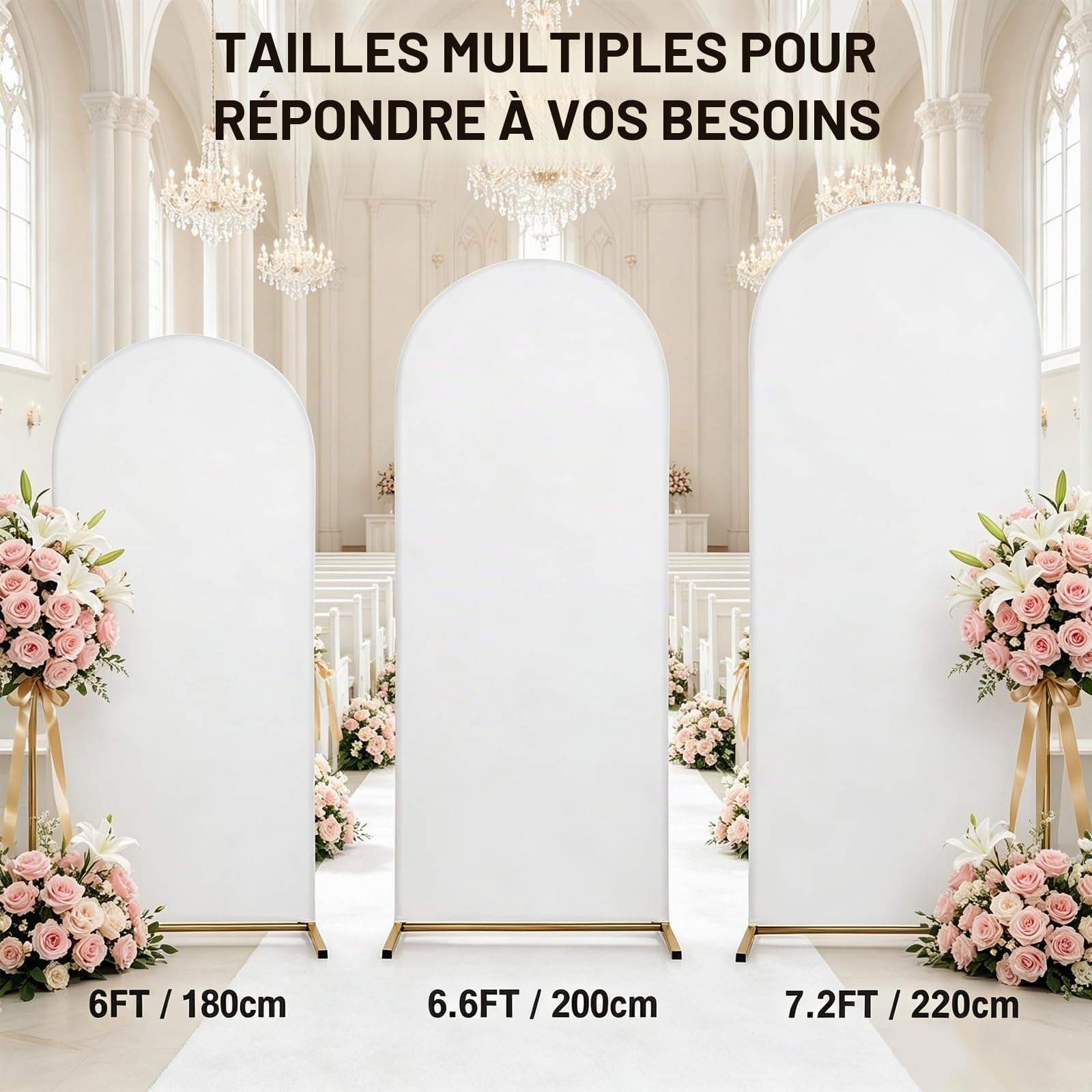 Lot de 3 Housses d’Arche de Mariage 1,8m / 2m / 2,2m, Tissu Fond Photo Respirant Réutilisable, Décoration pour Mariage, Anniversaire, Baptême et Événements