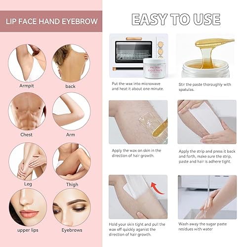 Miniatura 4 de Kit de cera de azúcar para mujeres, kit de cera para depilación azucarada para axilas, bikini, brasileño, cara y pierna, para todo propósito, mediano