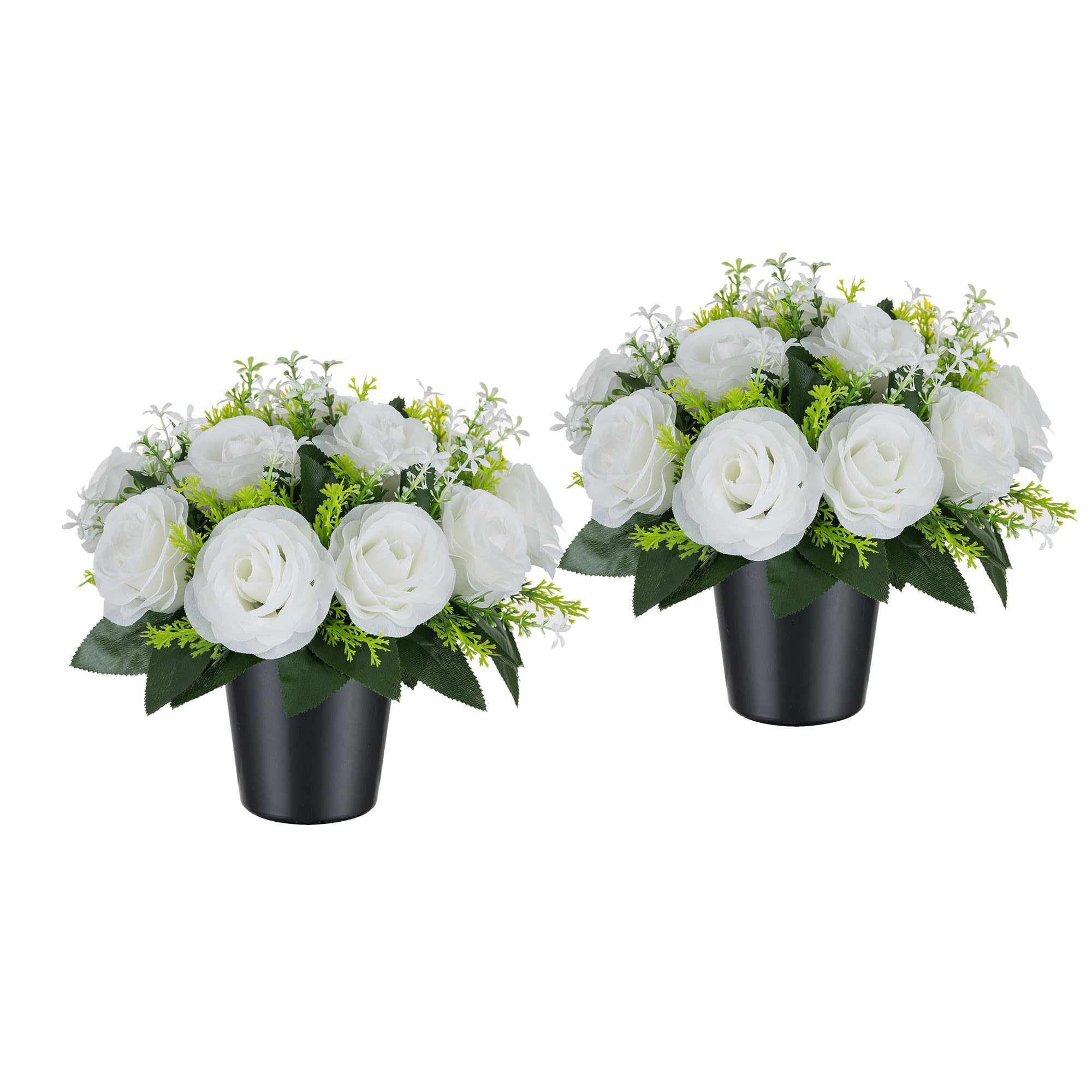 BLOSMON Artificial Grave Flowers Pots: 2 Pcs White Rose Silk Cemetery Flower Funeral Outdoor Decoration Memorial Floral Decorative Graveside Ornaments Fake Bouquet