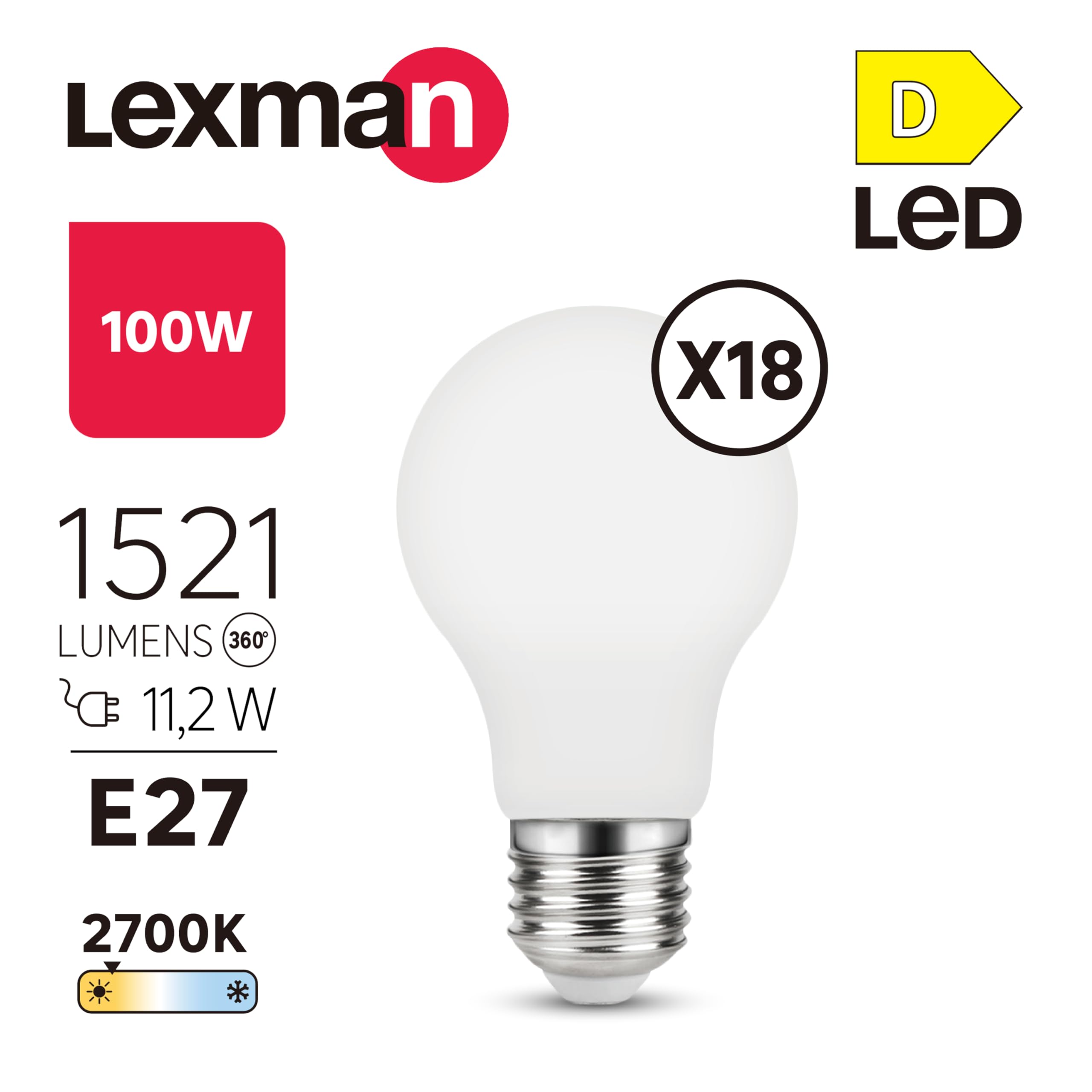 LEXMAN - 18er-Set LED-Lampen - 18 x LED Glühbirnen E27-1521 LM - 11,2W entsprechend 100W - Ø 60 mm - 2700K - Warmweiß