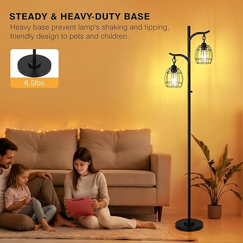 Miniatura 4 de Lámpara de pie 9MMML para sala de estar, lámpara de pie industrial de granja regulable con 2 jaulas colgantes en forma de lágrima, lámpara de árbol