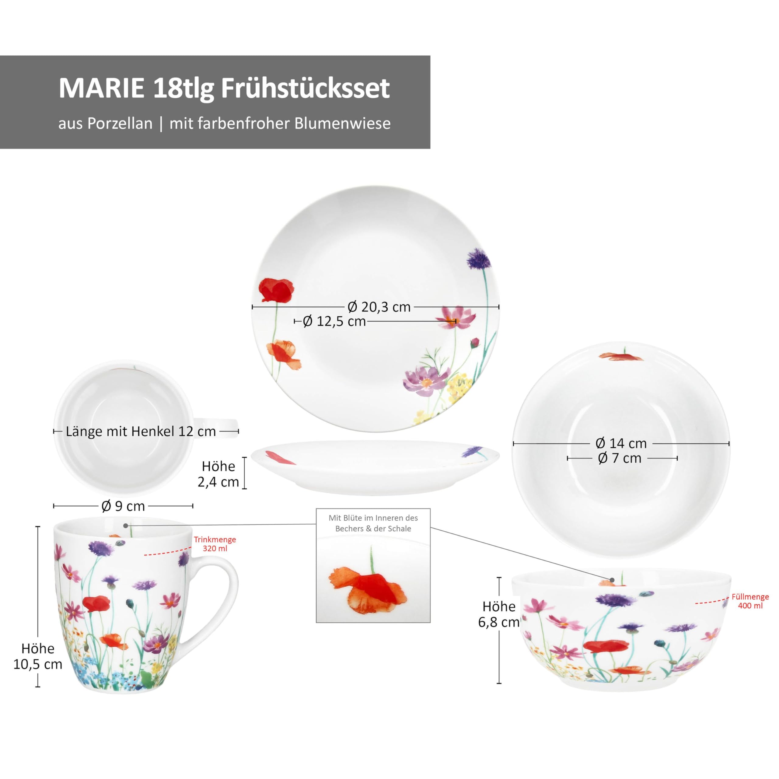 MamboCat Marie Service de petit-déjeuner 18 pièces Vaisselle en porcelaine décor prairie florale pour 6 personnes