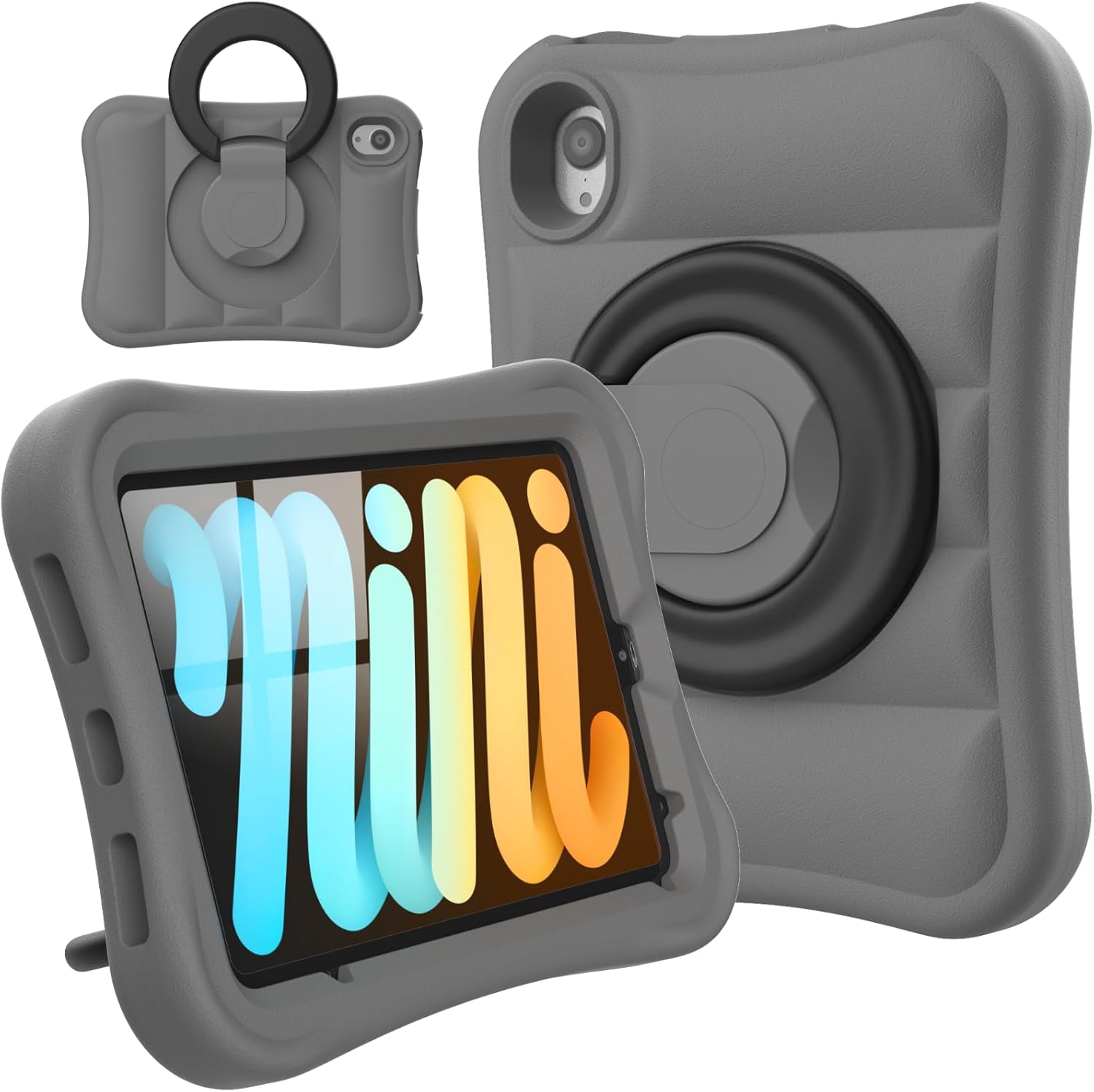 Kids Case for iPad mini 7 (A17 Pro) 2024 / Mini 6th Gen 2021 8.3 inch – Lightweight Flexible Shockproof Rotating Stand Handle Rugged Cover for iPad mini 7th 6 Generation Girls Boys, Grey Black
