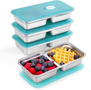 Grab and Go Snack Containers Reusable, Stainless Steel Snack Containers, 2 Compartment Condiment Bowls with Lids, Meal Prep Lunch Box, Takeout, Travel And Camping Food Storage (4PC)