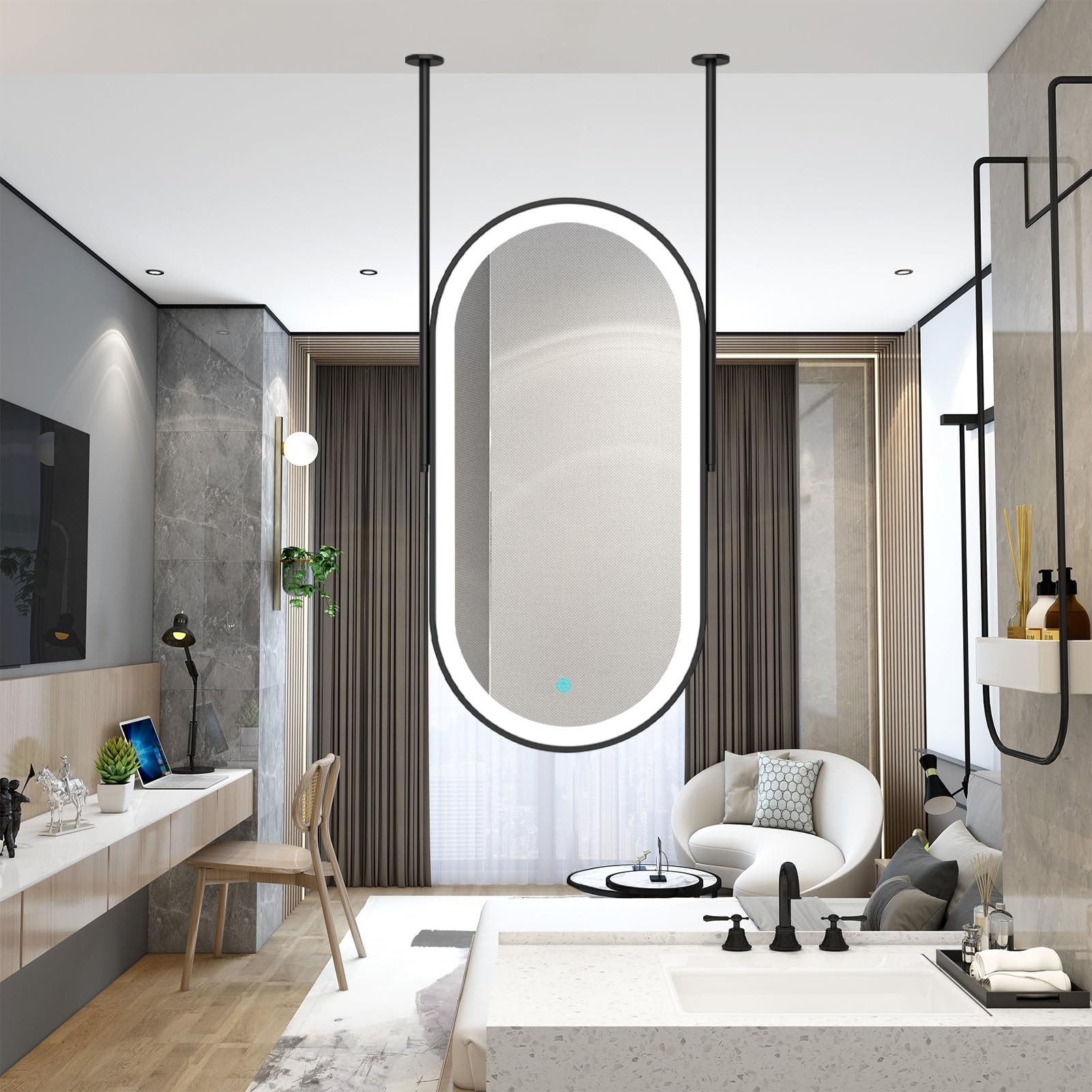 FGXHHS Ceiling Hanging Led Mirror Oval Lighted Vanity Mirrors, Suspended Bathroom Shaving with Black Metal Frame and Boom - 3 Colors Dimmable(40cmx70cm)