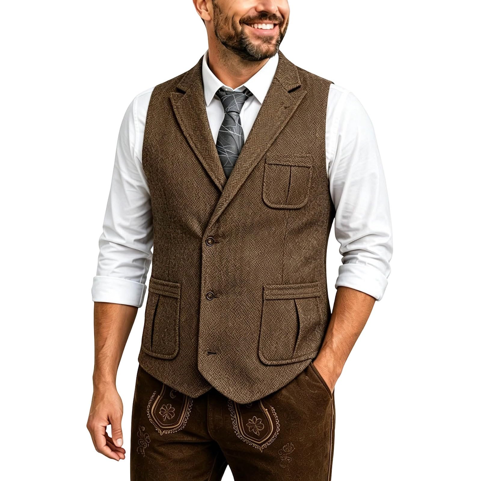 Gilet in tweed da uomo, stile tradizionale, vintage, autunno, classico, con scollo a V, senza maniche, trapuntato, tinta unita, slim fit