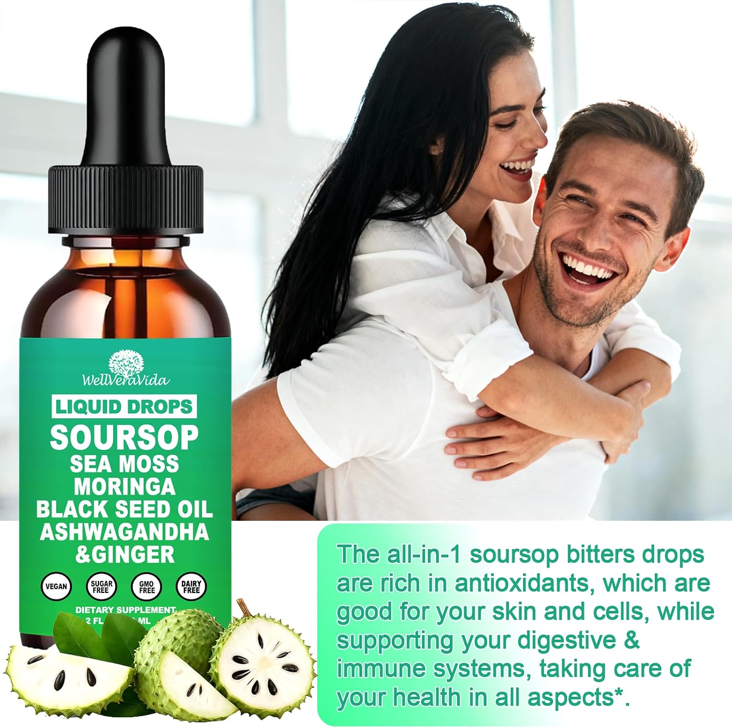 Soursop Bitters Liquid Drops- Organic Soursop Leaves Extract for Energy, Skin, Immune & Gut Health丨Natural Superfood Antioxidants Supplement w/Sea Moss, Moringa, Black Seed Oil, Ashwagandha & Ginger - 4