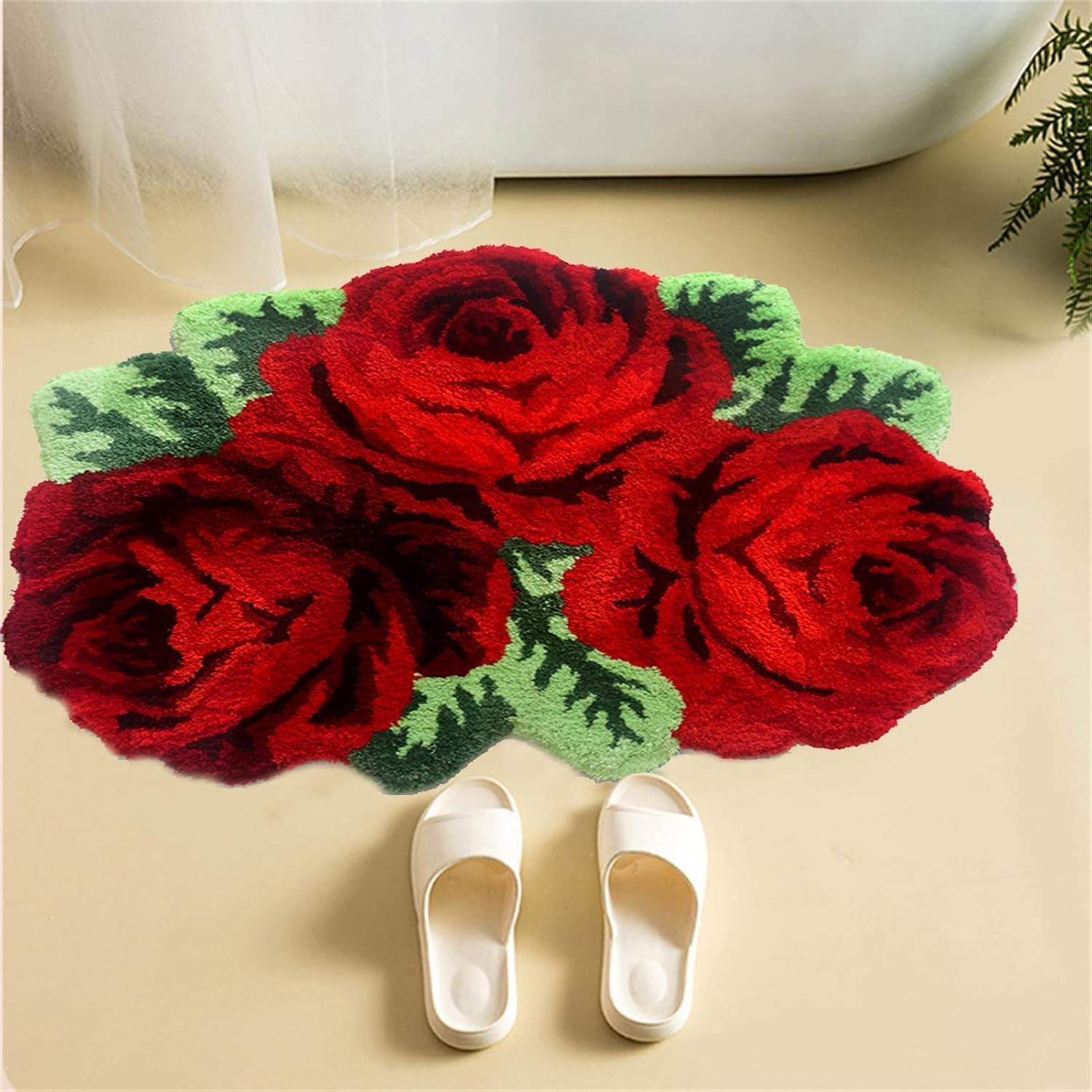 ABREEZE 3 Rose Shaped Rug Red Rose Area Rugs Bedroom/Living Room/Bathroom/Kitchen/Farmhouse/Laundry Home Decor Carpet Washable Non-Slip Mat Indoor and Outdoor Welcome Rug 24 x 31 Inches