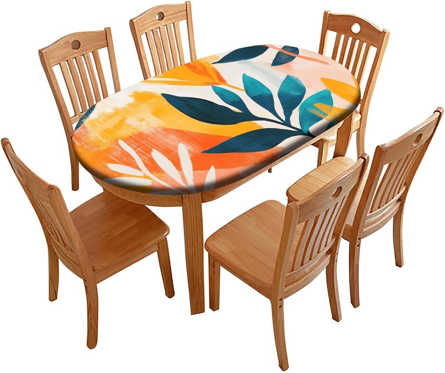 Elastic Edge Polyester Fitted Oval Tablecloth,Bohemian Theme Colorful Garden Impressions Pattern Washable Wipeable Tablecolth,for Kitchen Dining Tabletop Decoration,Fits for 48 x 80”Oval table