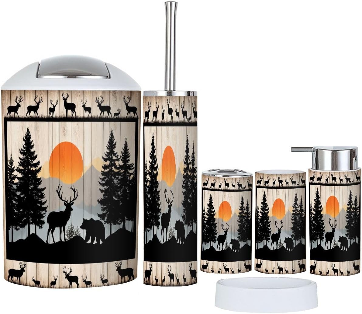 Bathroom Accessories Set 6 Pcs Rustic Cabin Farmhouse Woodland Bear Deer Country Forest Toothbrush Holder Cup Soap Dispenser Soap Dish Toilet Brush Holder Trash Can for Countertop Decor
