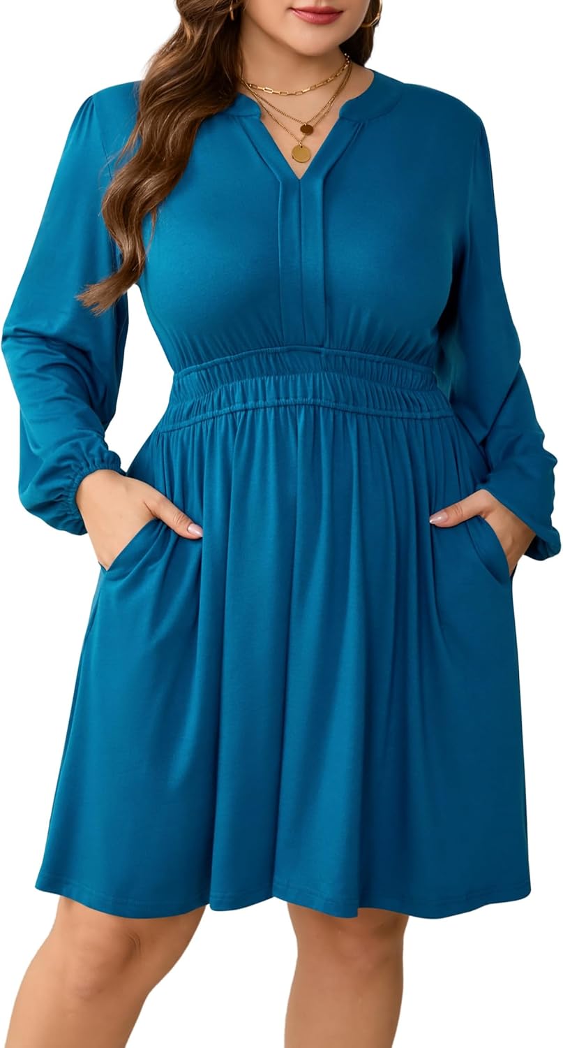 Plus Size Dresses Womens Casual Elastic Waist Long Sleeve V Neck Midi Flowy Dress with Pockets