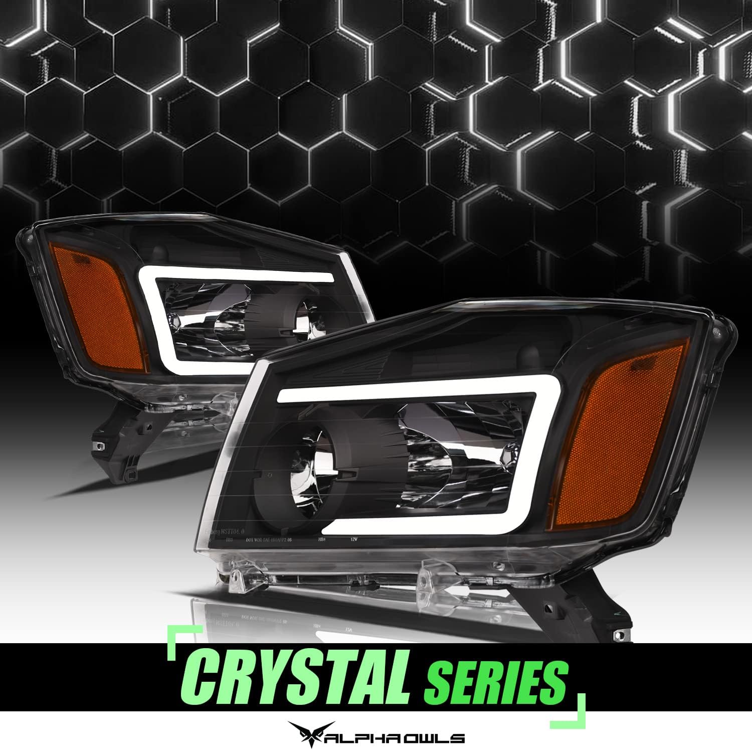 Alpha Owls 8711859 Crystal Headlights With White LED Light Bar - Black Amber Fits 2004-2015 Nissan Titan / 2004 2005-2007 Armada